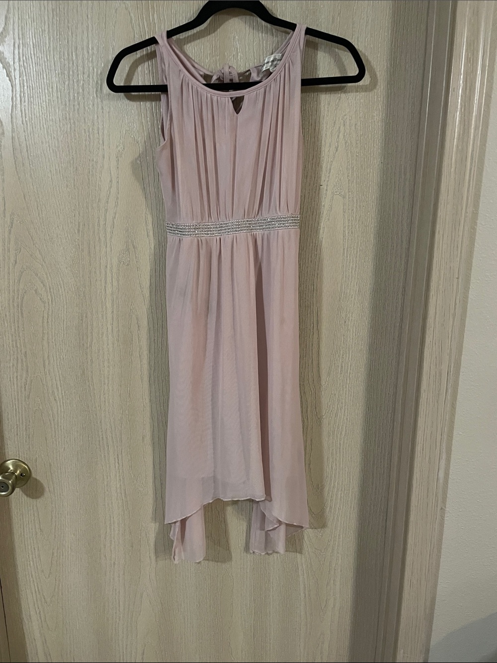 Girls Pale Pink High-Low Chiffon Dress with Beaded Waist